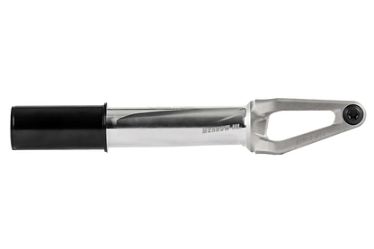 The Ethic DTC Merrow V3 HIC Stunt Scooter Fork by Ethic, shown in raw silver with a black cylindrical tube and hex bolt, is made from 7075 aluminium and displayed on a white background—one of the world’s lightest forks.