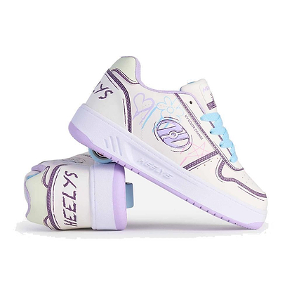 Two Heelys Kama Colour Changing Girls Shoes in white, lilac, and blue—one upright, one sideways to reveal the Heelys brand and built-in wheel. Vibrant pastel design makes these fun roller shoes perfect for adventurous kids.
