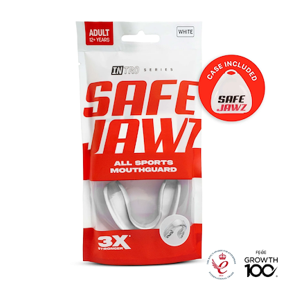 A Safejawz Intro Series Protection Mouthguard for adults (ages 12+), white, labeled "All Sports Mouthguard," features "3X Stronger" jaw stability, comes with a case, and displays Safejawz branding and certification logos.