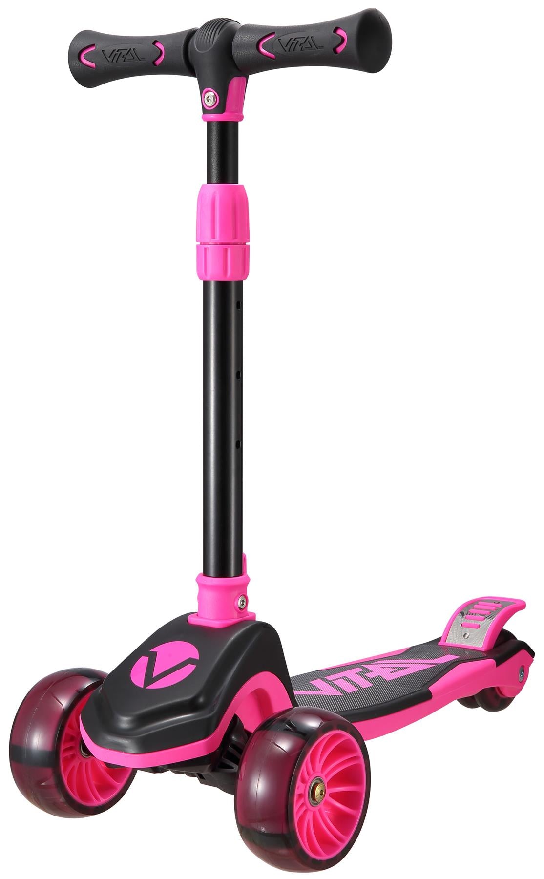 The Vital Tyke 3 Wheel Kids Scooter – Pink by Vital features a wide deck, adjustable handlebar, LED light-up wheels, rear foot brake, and bold pink accents—making it the perfect first scooter for kids.