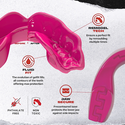 The Safejawz Intro Series Protection Mouthguard - Pink by Safejawz features remodel tech for refitting, fluid fit for max protection, jaw stability for side impacts, and is phthalate-free and non-toxic.