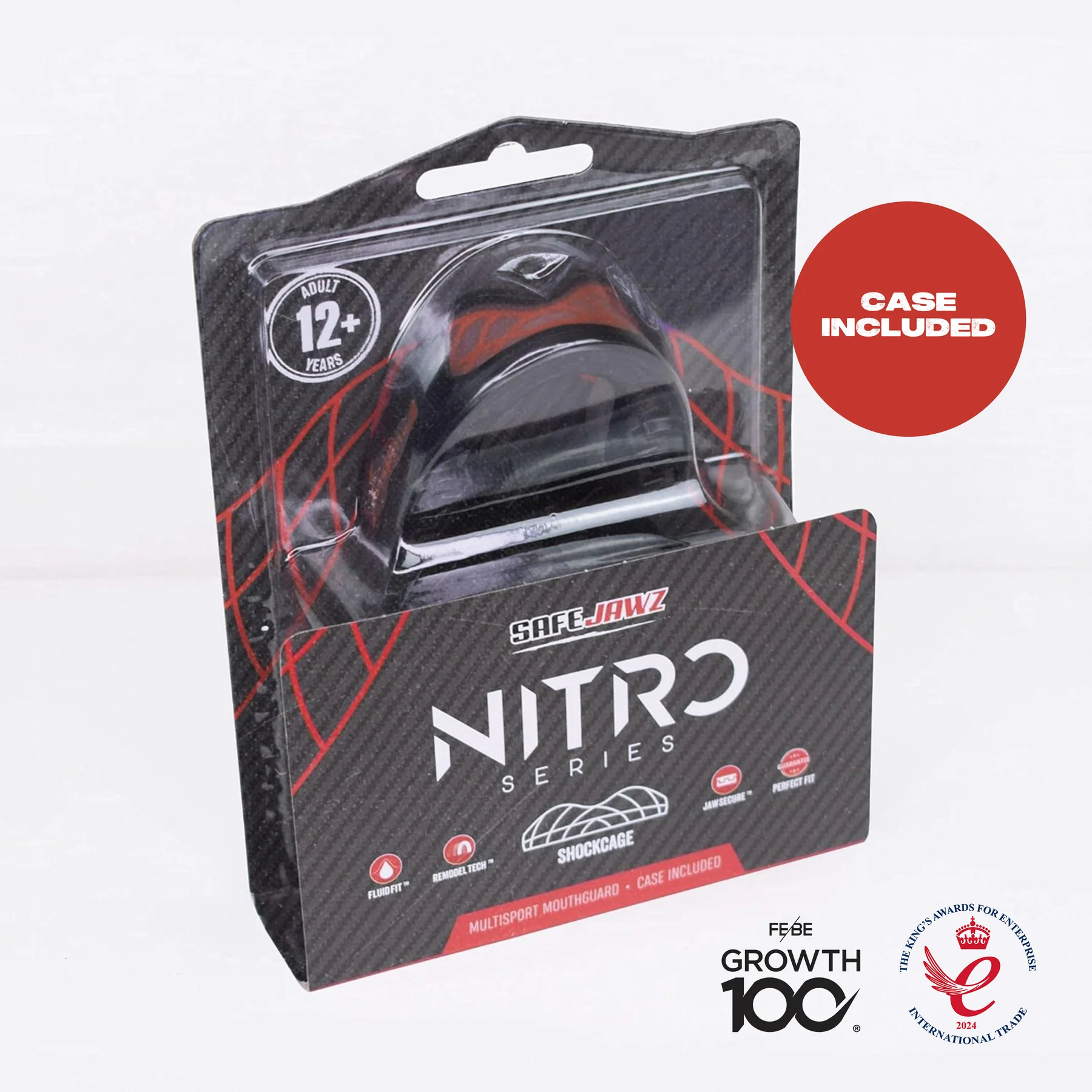 A packaged Safejawz Nitro Series Protection Mouthguard - Black/Red for ages 12+, featuring “Case Included” on the box and showing FEE Growth 100 and The Sunday Times business quality award logos.