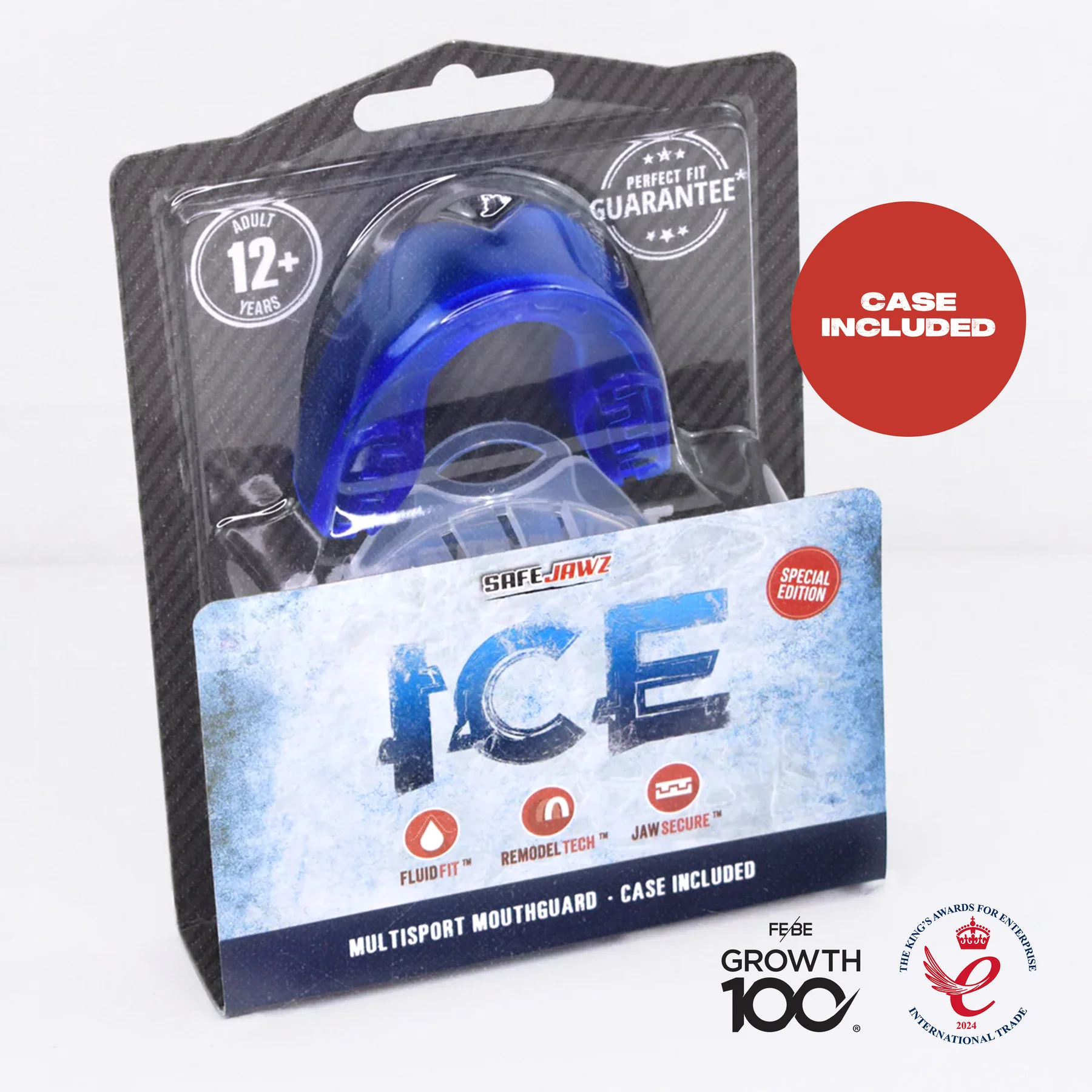 The Safejawz Extro Series Protection Mouthguard - Ice, for ages 12+, comes with a case. Packaging highlights hi-impact protection—Fluid Fit, Remodel Tech, Jaw Secure—and “Case included” is noted in a red circle.