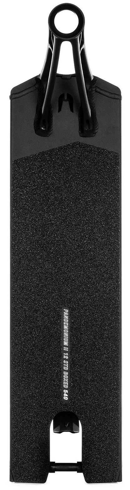 The Ethic Pandemonium V2 Boxed 8/12STD Black Stunt Scooter Deck - 5.9" features textured grip tape with a silver rectangular logo, an integrated head tube, and a cutout near the back wheel.