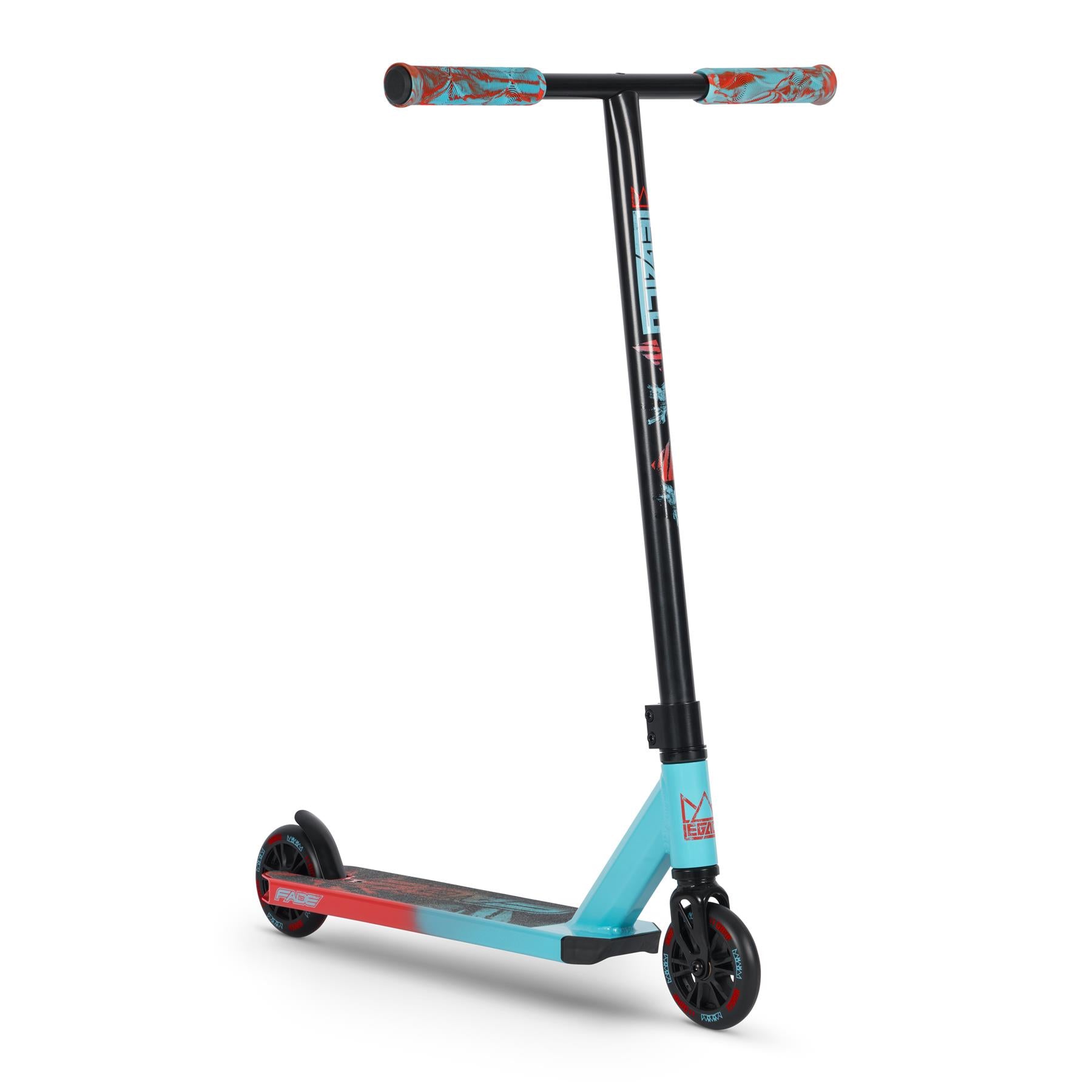 The Legacy Fade Complete Stunt Scooter by Legacy features a blue and red fade deck, black handlebars with matching grips, black wheels, bold graphics, and “Fuzion” on the stem—ideal for beginners.