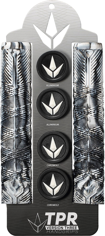 Blunt Envy V3 Black / White Stunt Scooter Grips (160mm), featuring branded packaging and four round end caps labeled “Aluminium” and “Chromoly.”.