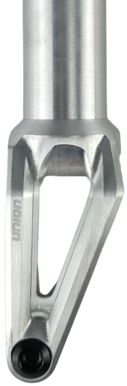 A close-up of the Union Classic Lightweight HIC/SCS Stunt Scooter Fork in polished silver, featuring a cutout design, "union" engraving on the side, and a bottom bolt.