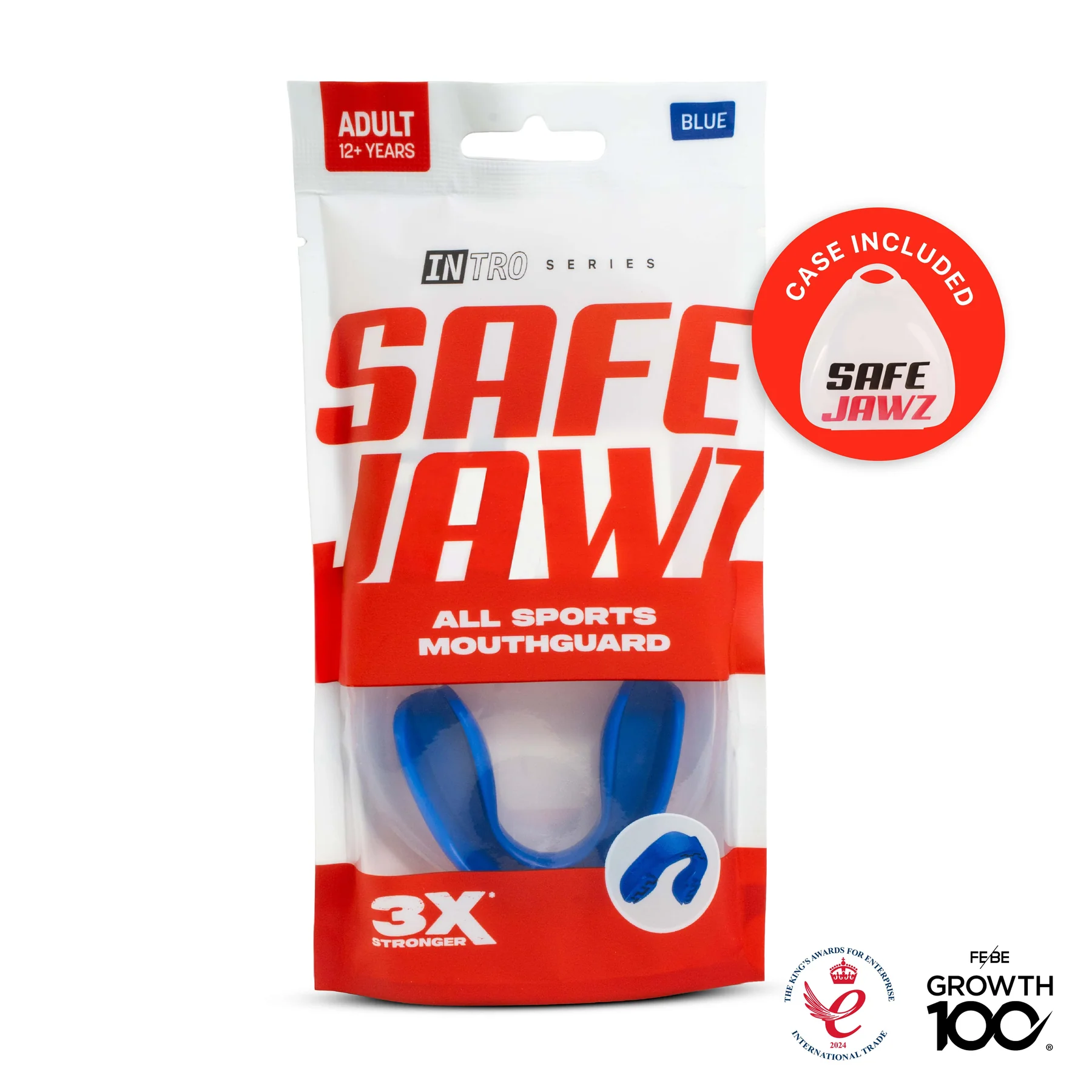The Safejawz Intro Series Protection Mouthguard in blue is designed for adults 12+, offering jaw stability and comfort. The packaging features "3X Stronger," includes a case, and displays the British Heart Foundation and Growth 100° logos.