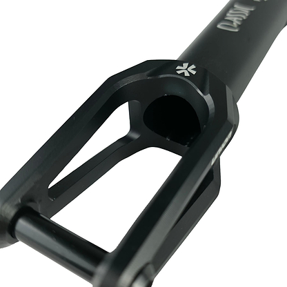 Close-up of the Union Classic Lightweight HIC/SCS Stunt Scooter Fork in black, featuring angular cutouts and a small white Union logo near the top, shown on a white background.