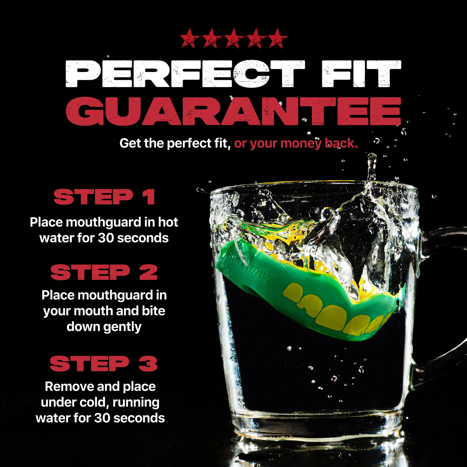 A Safejawz Extro Series Protection Mouthguard - Ogre, in green and yellow, splashes into clear water. "Perfect Fit Guarantee" appears above, with three-step fitting instructions shown beside the glass.