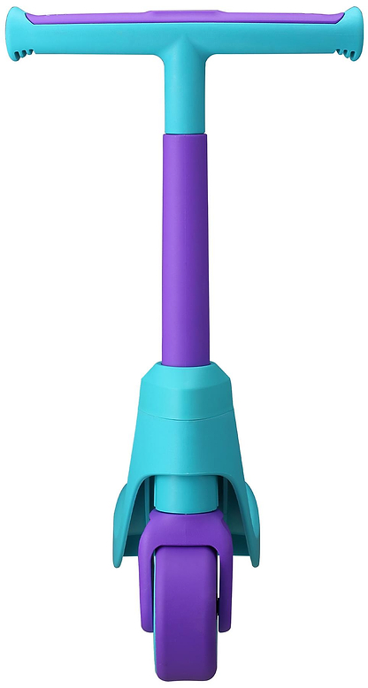 The Vital First Kids Scooter by Vital, shown from the front, features a teal and purple color scheme, wide handlebar, single front wheel, and a sturdy modern design ideal for young riders.