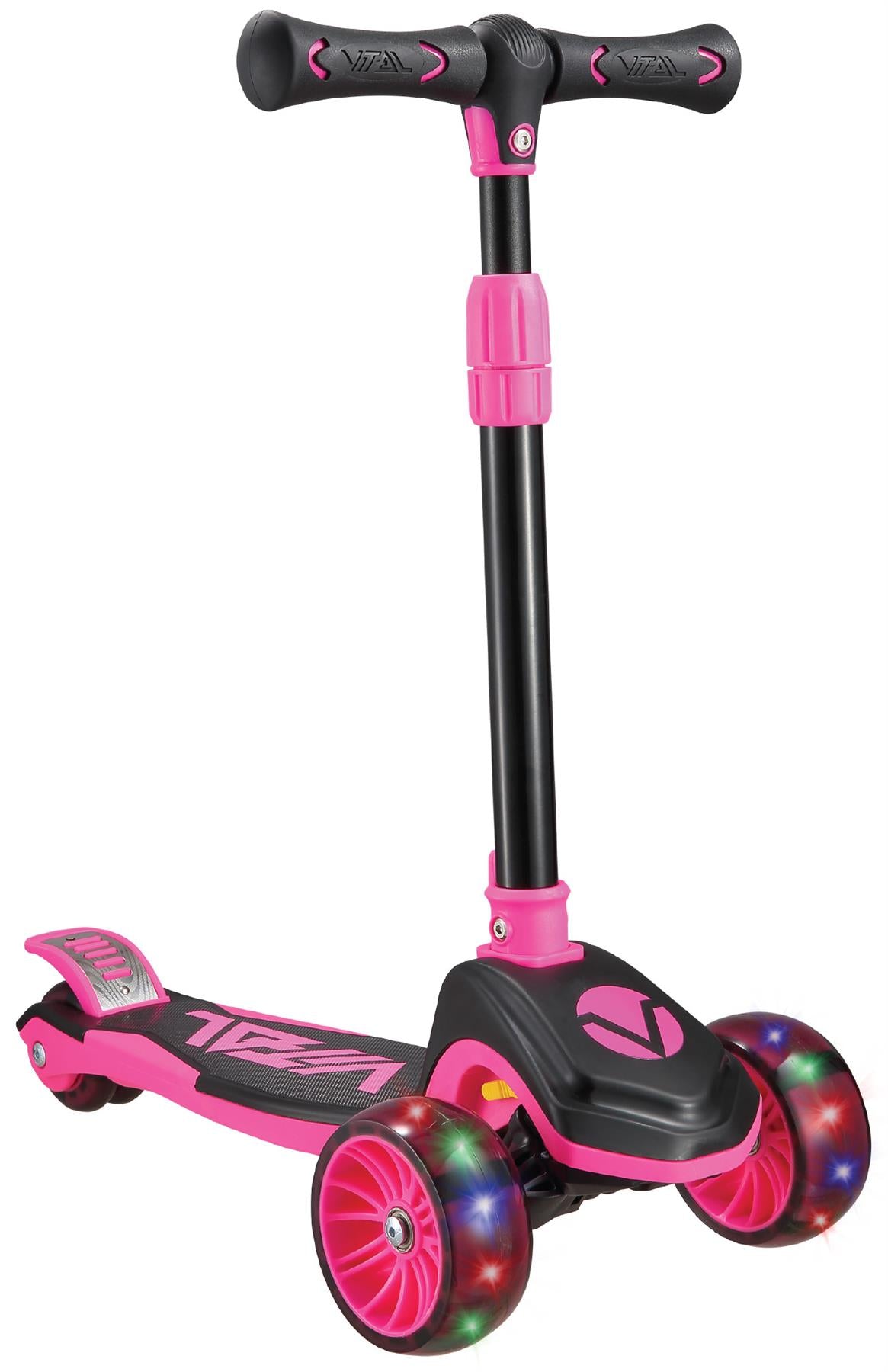 The Vital Tyke 3 Wheel Kids Scooter - Pink by Vital features a T-shaped handlebar, two multi-color light-up front wheels, and an adjustable seat—ideal for your child's first scooter adventure.