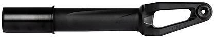 The Ethic DTC Merrow V3 8/12STD HIC Stunt Scooter Forks in black feature a sturdy metal build with a cylindrical base and open, angular end for front wheel and handlebar attachment.