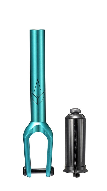 The Blunt Envy SOB V3 IHC Stunt Scooter Forks in a striking teal color display a minimalist logo alongside a sleek black cylindrical compression plug. Both components are elegantly presented on a plain white background, highlighting their sophisticated design and superior craftsmanship.