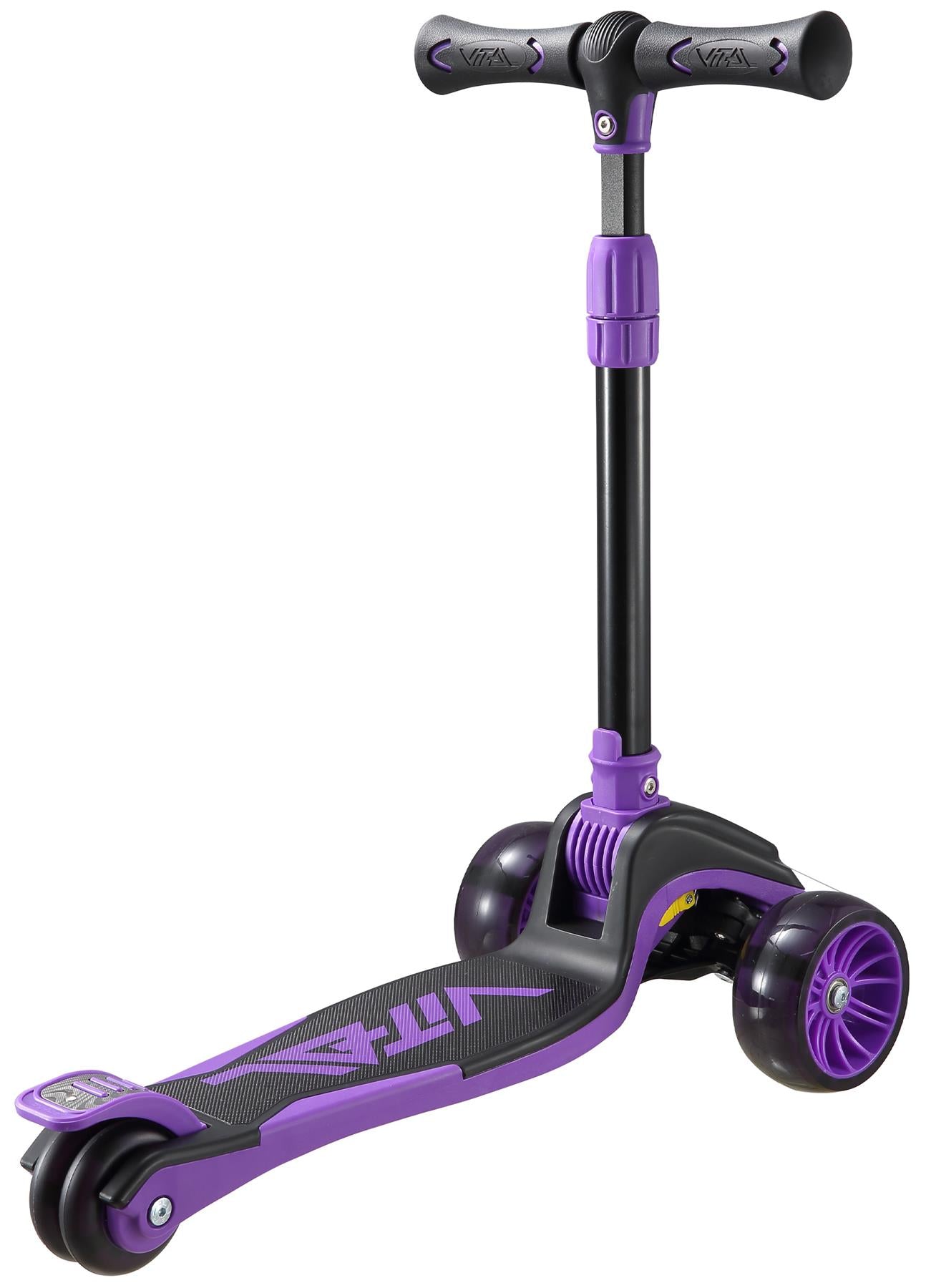 The Vital Tyke 3 Wheel Kids Scooter by Vital features a purple design, adjustable handlebar, wide deck, and two large front wheels plus one small rear wheel—ideal as a first scooter for young kids.