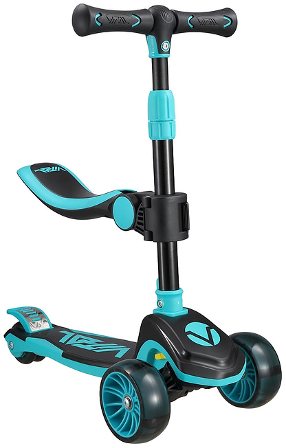 The Vital Tyke 3 Wheel Kids Scooter - Teal by Vital features an adjustable handlebar, small seat attachment, and three wheels—ideal as a first scooter for young children.