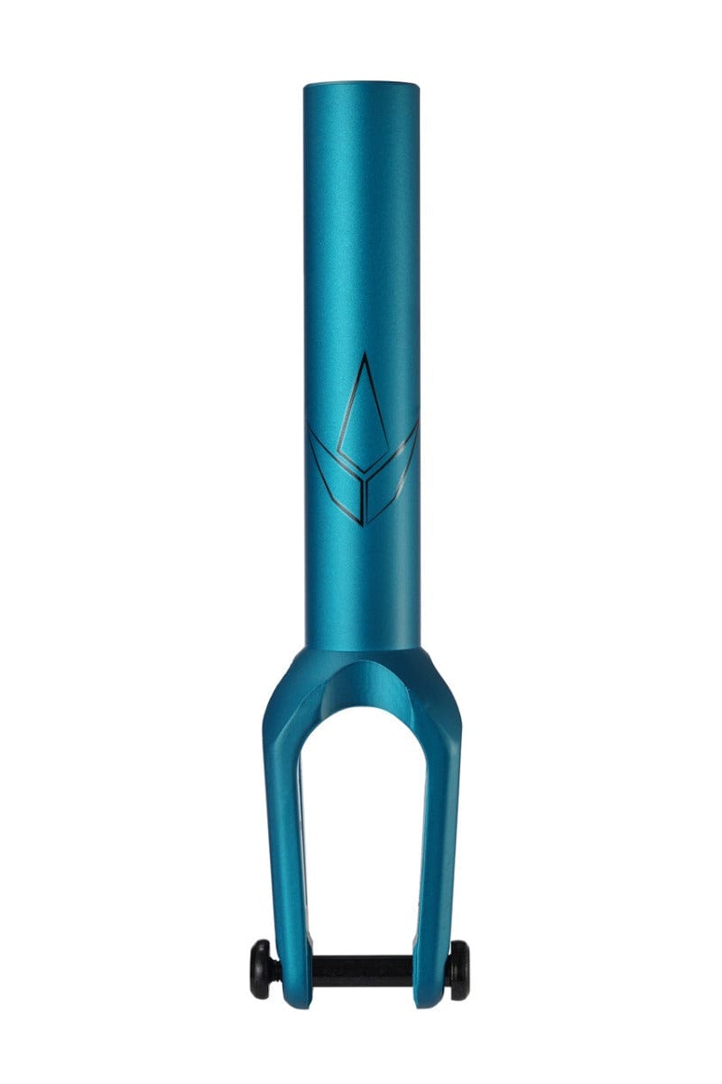 The Blunt Envy SOB V3 SCS/HIC Stunt Scooter Fork in teal features a geometric logo engraved on its cylindrical section, crafted for seamless compatibility with HIC scooter systems. The fork is displayed against a plain white background.
