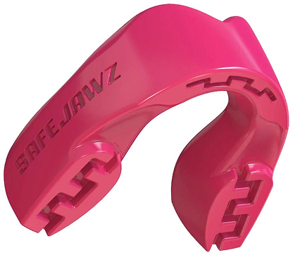 The Safejawz Intro Series Protection Mouthguard - Pink features contoured edges, textured inner surfaces for grip and comfort, and "SAFEJAWZ" embossed on the side, delivering protection and enhanced jaw stability.