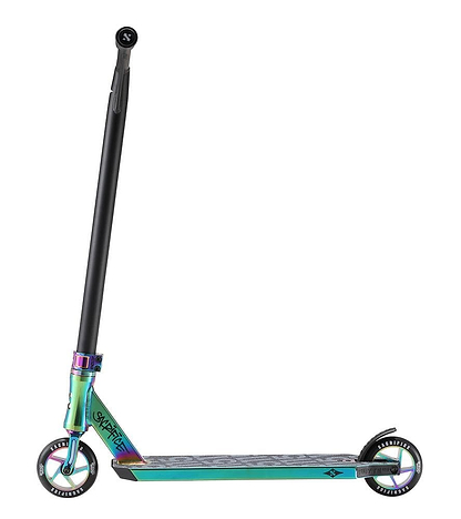 A close-up of the Sacrifice Flyte 115 V2 Complete Stunt Scooter in Neochrome highlights its metallic finish and black handlebar. The iridescent body features a logo on the neck, while two small wheels with distinct tread patterns enhance the patterned deck, all constructed on an efficient IHC system.