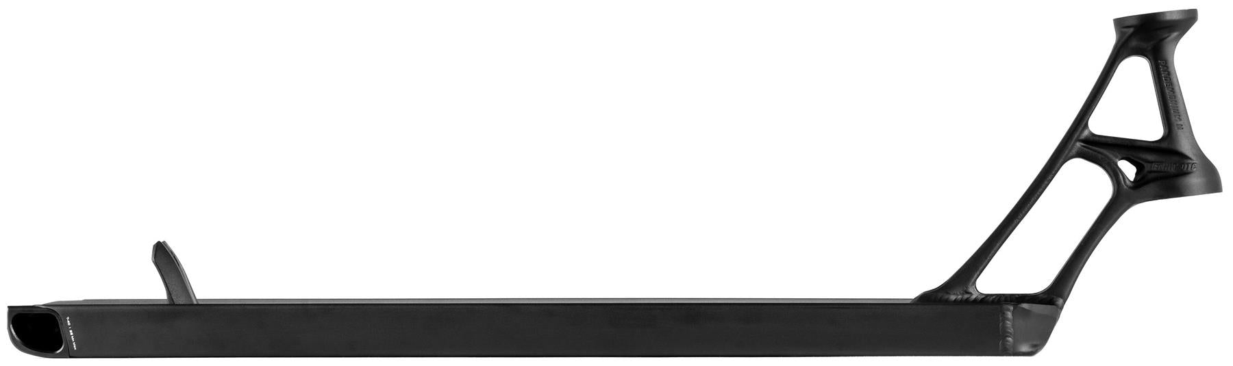 The Ethic Pandemonium V2 Boxed 8/12STD Black Stunt Scooter Deck - 5.9" features a rectangular foot platform, angled head tube, open triangular support structure, and rear wheel slot.