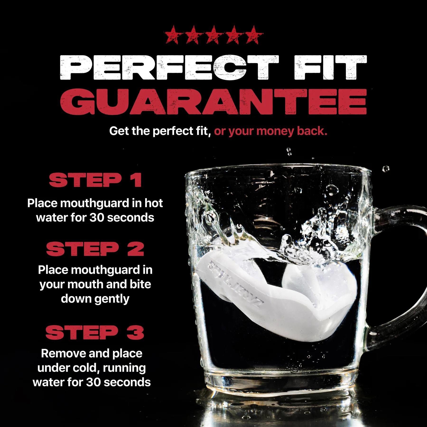 The Safejawz Intro Series Protection Mouthguard - White is dropped into a clear glass of water, causing a splash. Text highlights the simple three-step fitting process for comfort, plus a perfect fit guarantee or your money back from Safejawz.