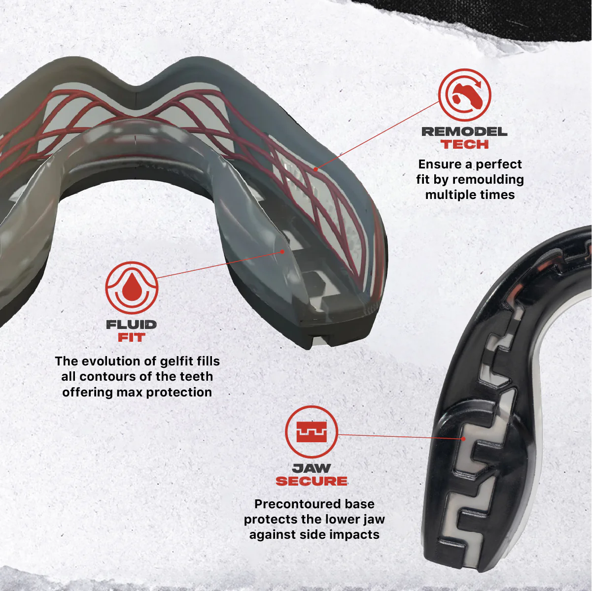 The Safejawz Nitro Series Protection Mouthguard (Black/Red) features remodel tech for an adjustable fit, fluid-fit to contour teeth for protection, and a shock-absorbing base that shields the lower jaw from side impacts. Close-ups highlight each feature.