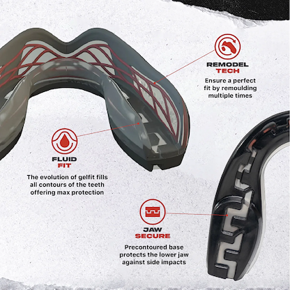 The Safejawz Nitro Series Protection Mouthguard (Black/Red) features remodel tech for an adjustable fit, fluid-fit to contour teeth for protection, and a shock-absorbing base that shields the lower jaw from side impacts. Close-ups highlight each feature.