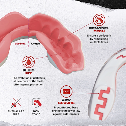 A close-up of the Safejawz Extro Series Protection Mouthguard - Pink Fangz highlights remold tech for a perfect fit, fluid fit for better protection, jaw secure for high-impact safety, and icons showing it’s phthalate free and non-toxic.