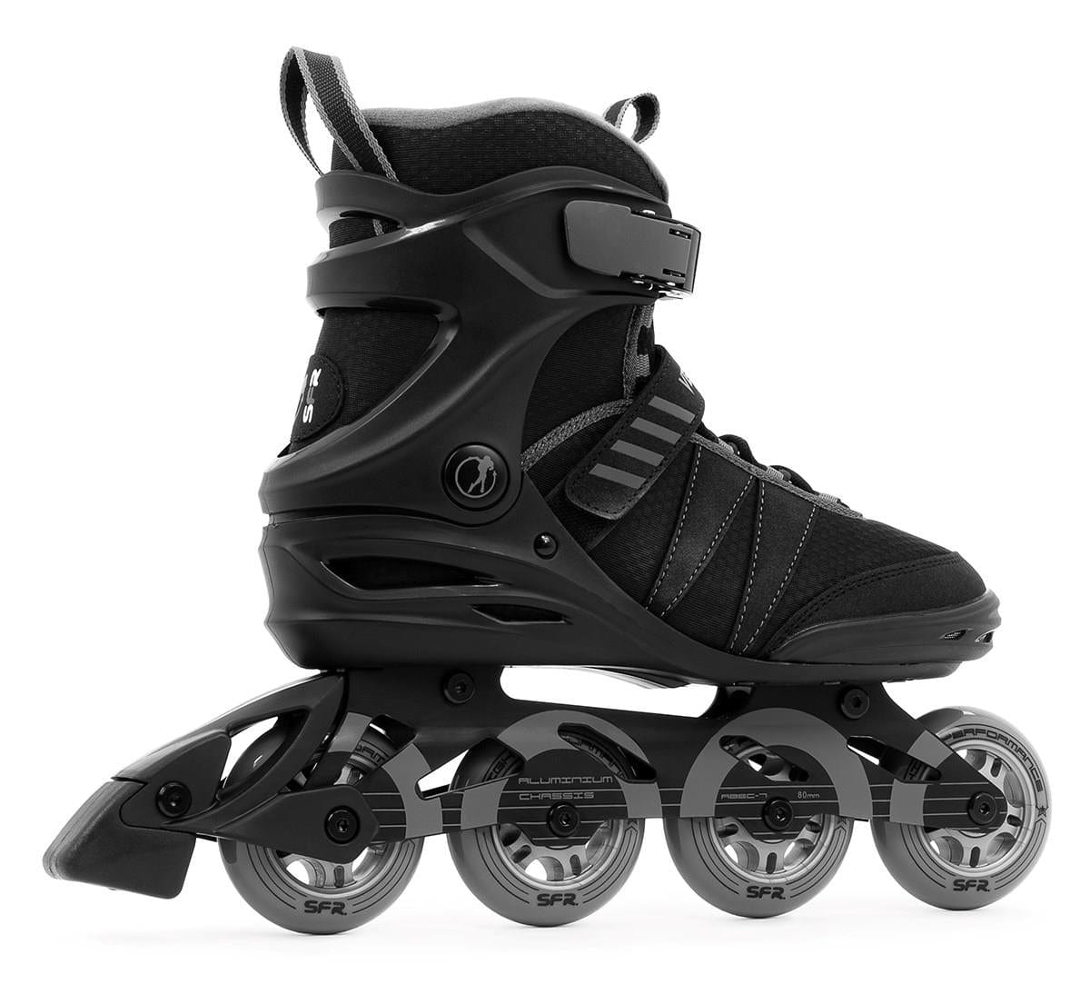 The SFR Venture Pro Inline Skates - Black, from the SFR brand, are displayed in side view. They have four wheels with transparent rims marked "SR2," ABEC-7 bearings, high ankle support, an aluminum frame, lace-up fastening and a buckle strap.