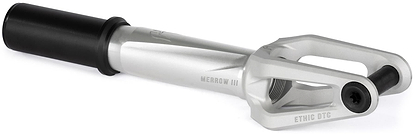 A raw Ethic DTC Merrow V3 8/12STD IHC stunt scooter fork by Ethic features a black cylindrical spacer and "MERROW III" and "ETHIC DTC" labels, designed for mounting 12STD scooter wheels.