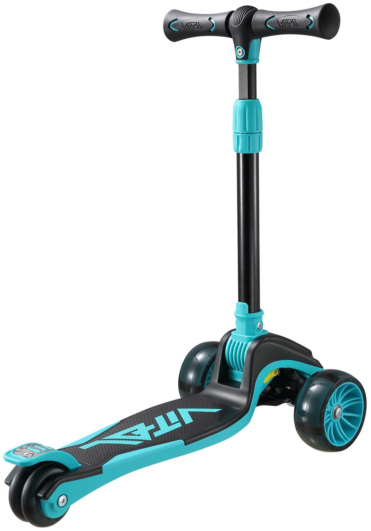 The Vital Tyke 3 Wheel Kids Scooter by Vital features a teal and black design, wide deck, two front wheels, single rear wheel, and an adjustable T-shaped handlebar—ideal as a first scooter for young riders.
