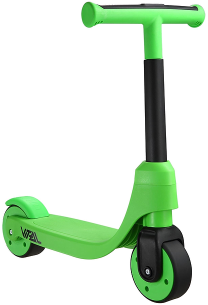 The Vital First Kids Scooter - Green / Black by Vital features a wide deck, two large front wheels, a single rear wheel, and a horizontal handlebar—ideal for toddlers seeking a stable ride. "VITAL" is printed on the side.