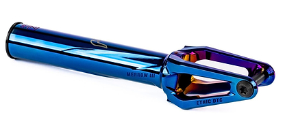 The Ethic DTC Merrow V3 SCS Stunt Scooter Fork in chrome blue by Ethic, made from 7075 aluminium and among the lightest forks available, is shown with “MERROW III” and “ETHIC DTC” labeling on a white background.