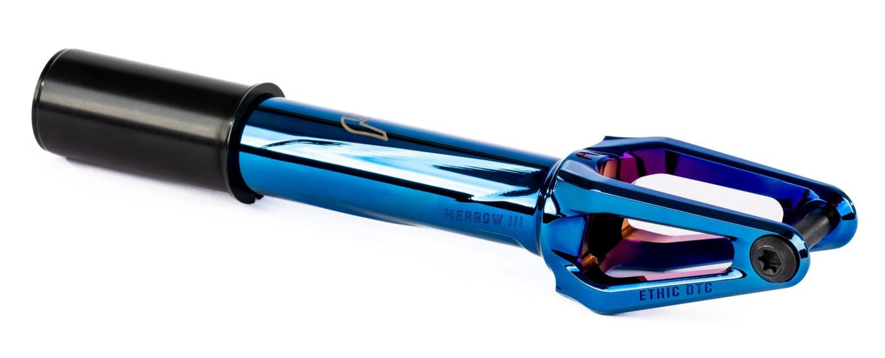The Ethic DTC Merrow V3 HIC Stunt Scooter Fork in chrome blue has sleek black accents and a modern design. Made from 7075 aluminium, it's one of the lightest forks available, shown here on a white background.