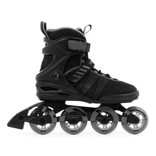 The SFR Venture Pro Inline Skates - Black are sleek black skates with four wheels in a row, offering high ankle support secured by a strap and laces. With protective padding, an aluminum frame, and ABEC-7 bearings, they're ideal for smooth, speedy skating adventures.