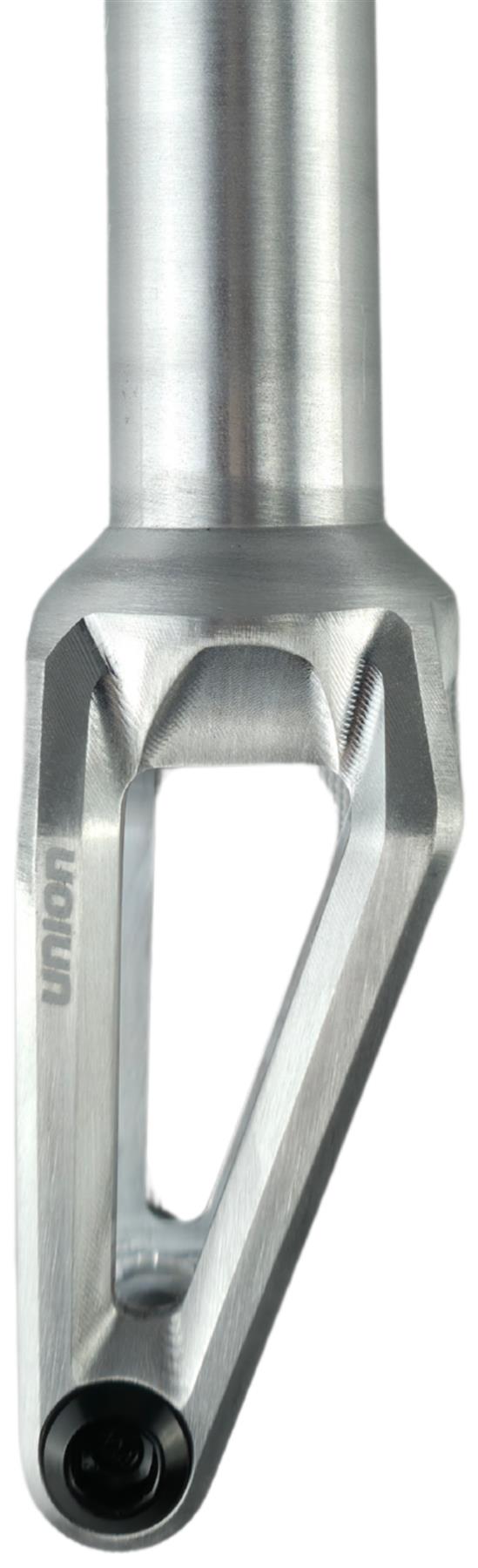 Close-up of the Union Classic Lightweight IHC Stunt Scooter Fork in polished silver, featuring angular geometric cutouts and a visible base bolt. "Union" is engraved on the side, emphasizing its lightweight appeal for stunt scooter riders.