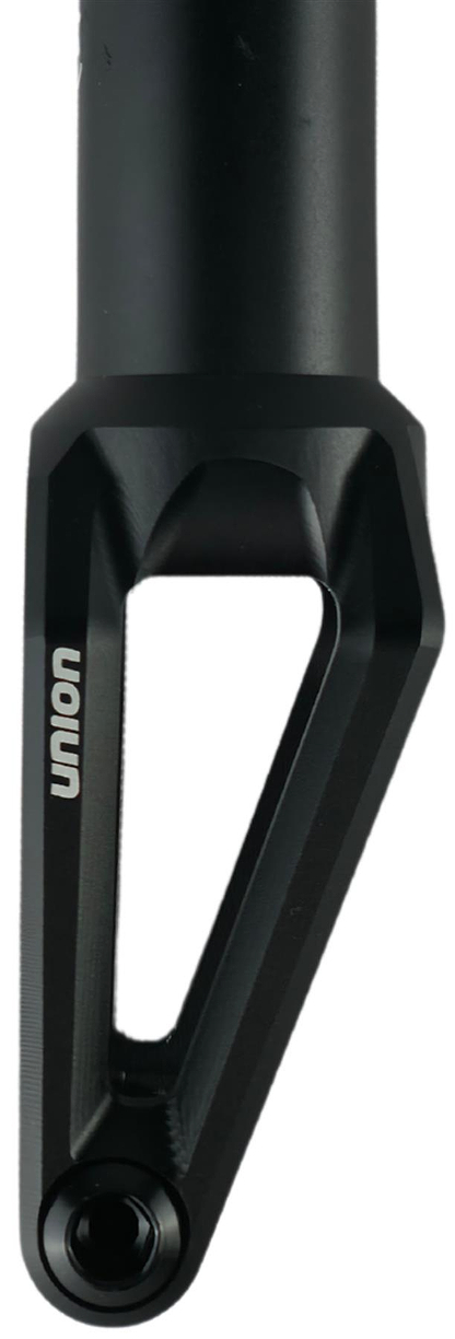Close-up of the Union Classic Lightweight HIC/SCS Stunt Scooter Fork in black, featuring a white "Union" logo and geometric dropout design with a matte finish, showcasing the brand’s precision engineering.