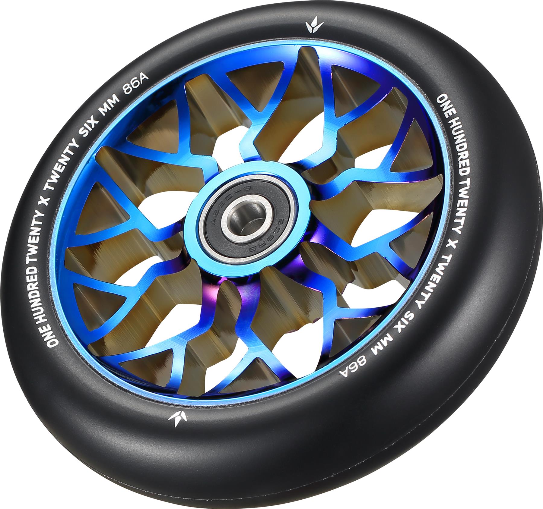 A close-up of the Blunt Envy Sector 120mm Stunt Scooter Wheel - Burnt Pipe shows its black tire, metallic blue spoked core, and central bearing. The rim is labeled "ONE HUNDRED TWENTY X TWENTY SIX MM 86A," ideal for Blunt Envy riders.