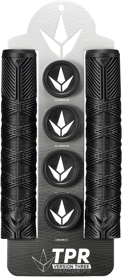 Blunt Envy V3 Black Stunt Scooter Grips (160mm) come with four metal bar ends—two labeled "Aluminum" and two "Chromoly"—packaged on branded "TPR Version Three Handgrips" backing, perfect for stunt scooter riders.