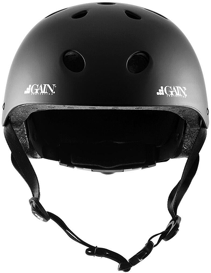 The GAIN Protection The Edge Pro Skate / Scooter Helmet in black features ventilation holes, chin straps with a Fidlock magnetic buckle, the "GAIN Protection" logo on the front, and lightweight in-mould technology for comfort.