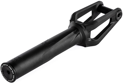 The Ethic DTC Merrow V3 8/12STD SCS Stunt Scooter Fork in black, featuring a cylindrical base, open sides, and reinforced prongs, by Ethic, is displayed on a white background.