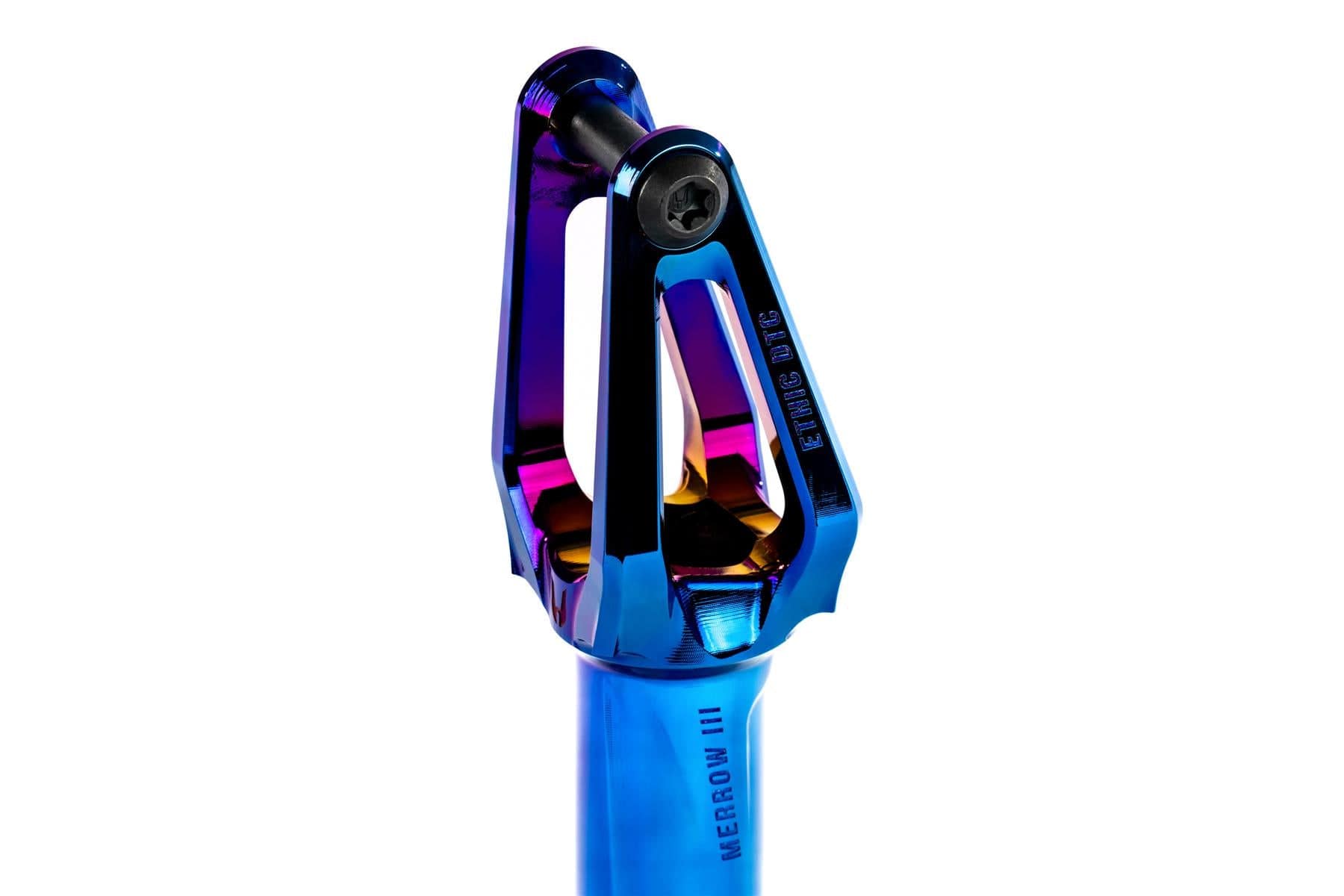 The Ethic DTC Merrow V3 IHC Stunt Scooter Fork by Ethic is made from 7075 aluminium, features a chrome blue finish and an open design, with "MERROW III" engraved on the shaft, making it one of the lightest forks available.