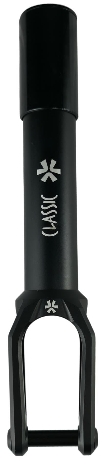 The Union Classic Lightweight HIC/SCS Stunt Scooter Fork in black features "OATH" and a star logo in white on its cylindrical metal body, with two lower prongs for wheel attachment.