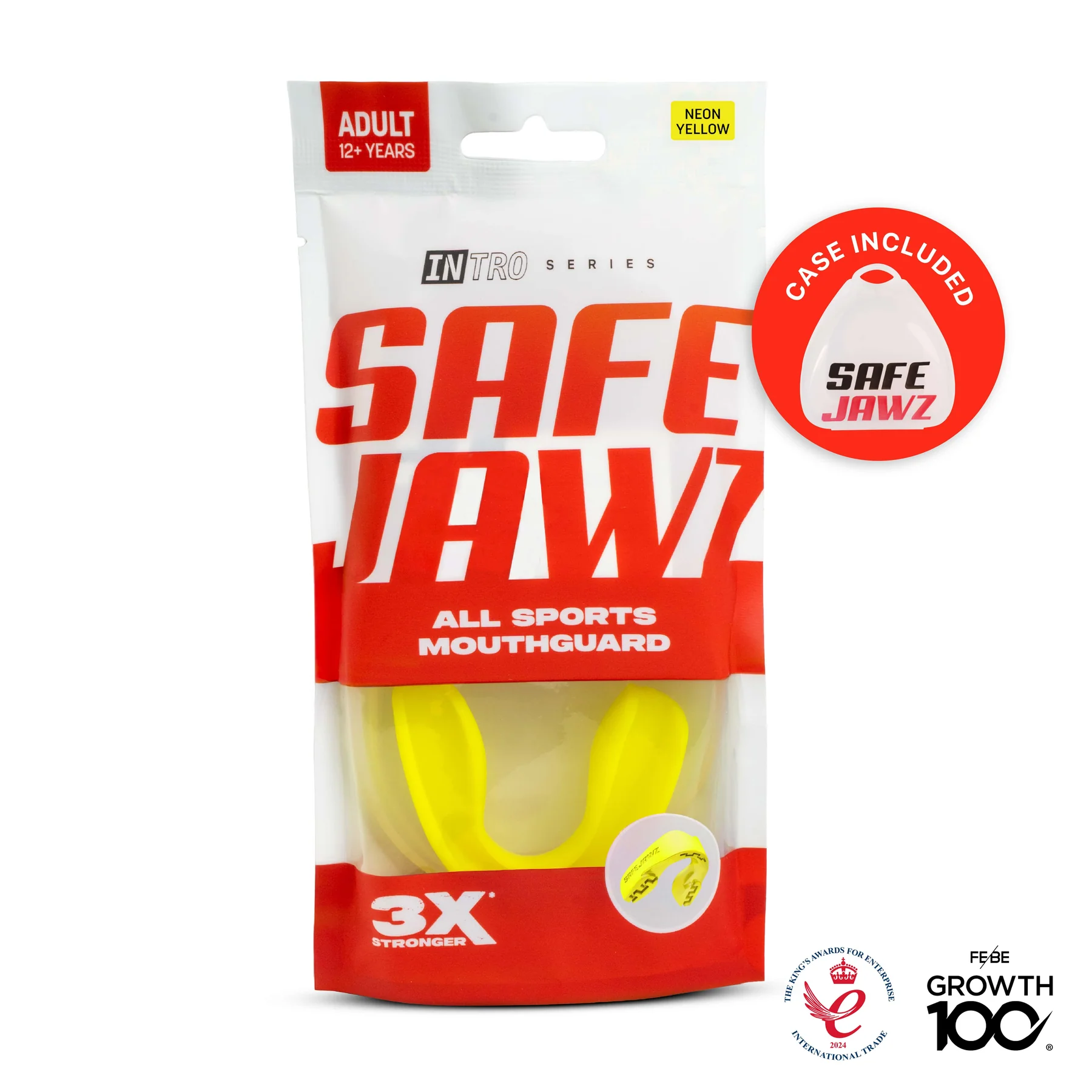 A Safejawz Intro Series Protection Mouthguard in Fluro Yellow for adults, suitable for all sports. The mostly white and red package features a clear window displaying the mouthguard and states that a case is included.
