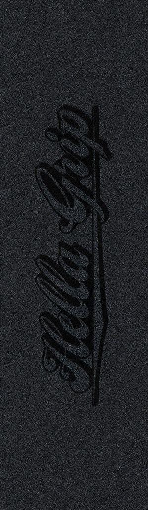 The Hella Grip Classic XL Stunt Scooter Griptape - XL Raven features premium black grip tape with "Hella Grip" in cursive, a glossy finish on matte, and is made in the USA.
