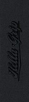 The Hella Grip Classic XL Stunt Scooter Griptape - XL Raven features premium black grip tape with "Hella Grip" in cursive, a glossy finish on matte, and is made in the USA.