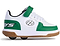 The Heelys Rezerve Low X2 Boys Shoes in white, green, and gum feature two wheels in the heel, a velcro strap across the top, and branded logo details on the side.
