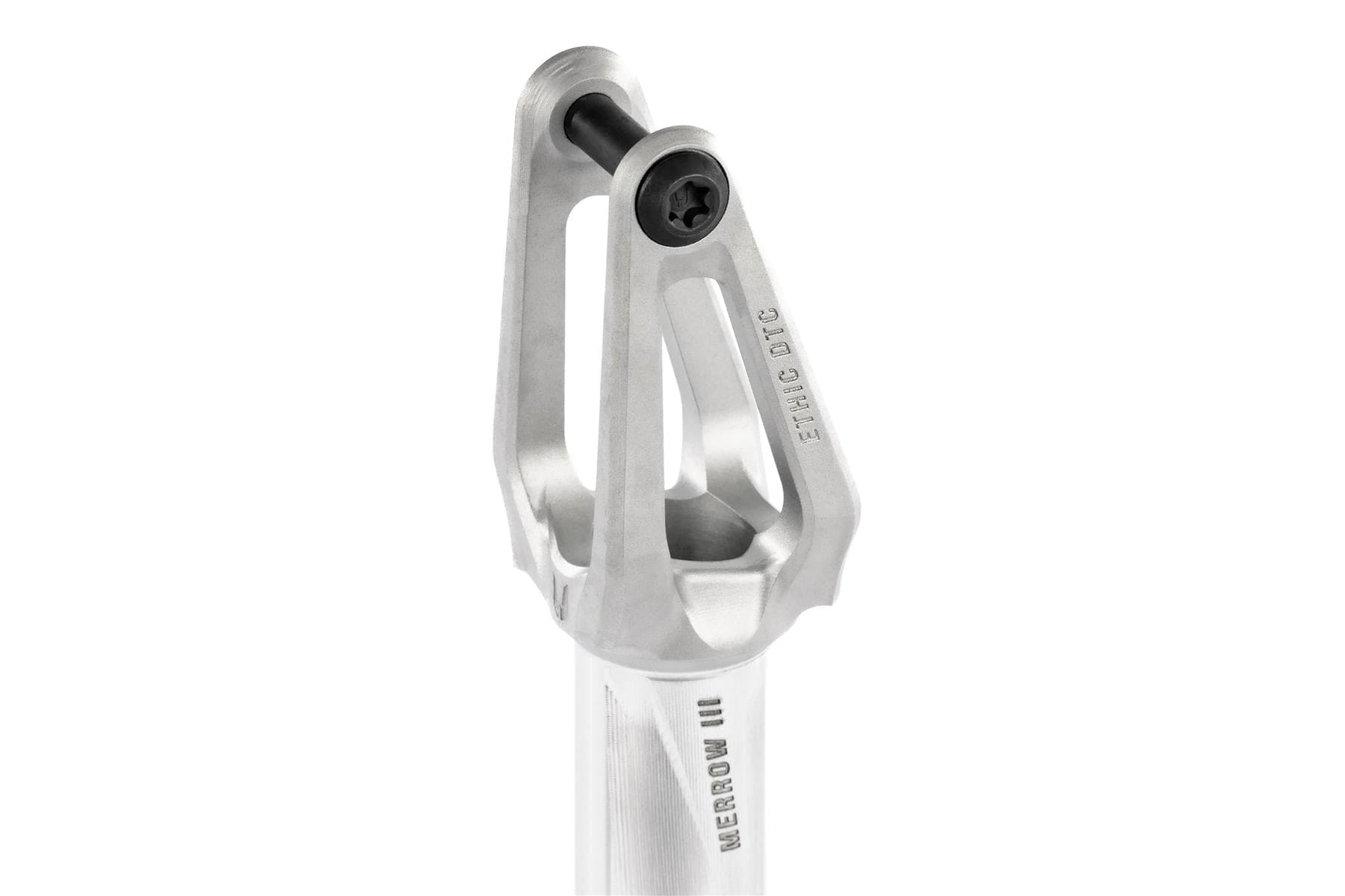 Close-up of the Ethic DTC Merrow V3 IHC Stunt Scooter Fork in raw silver, featuring lightweight 7075 aluminium, a black axle bolt, and engraved "MERROW III" and "ETHIC DTC" text on the side, shown against a white background.