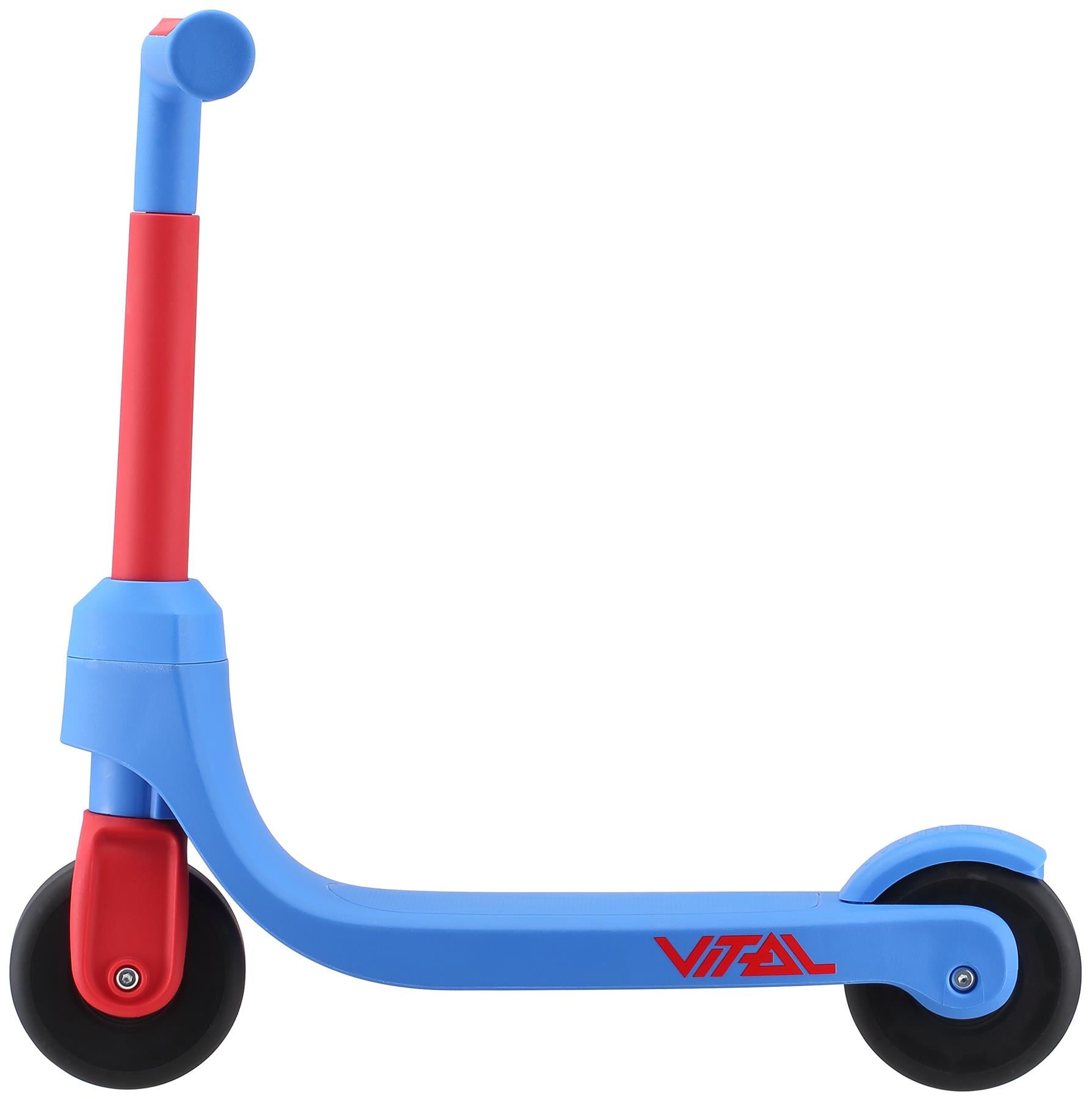 The Vital First Kids Scooter - Red / Blue features two black wheels, a blue deck with “VITAL” in red on the side, and a red handlebar—ideal for young riders seeking a fun 2-wheel scooter.