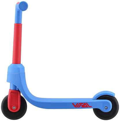 The Vital First Kids Scooter - Red / Blue features two black wheels, a blue deck with “VITAL” in red on the side, and a red handlebar—ideal for young riders seeking a fun 2-wheel scooter.